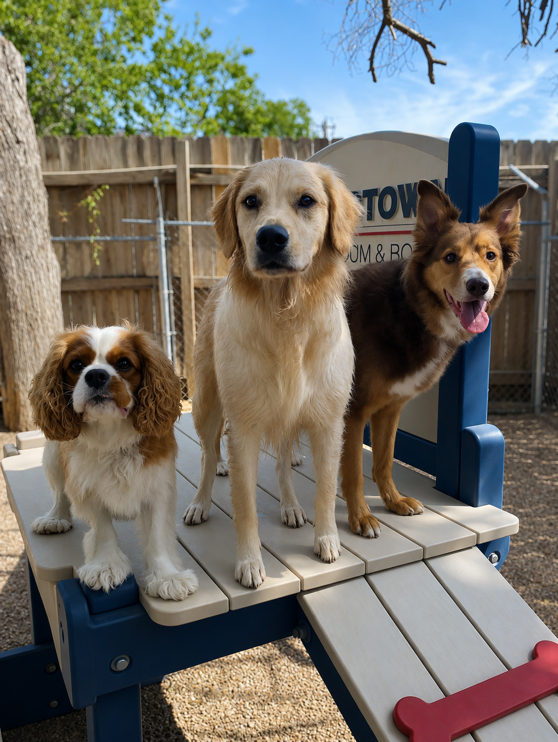 Three dogs standing on play equipment