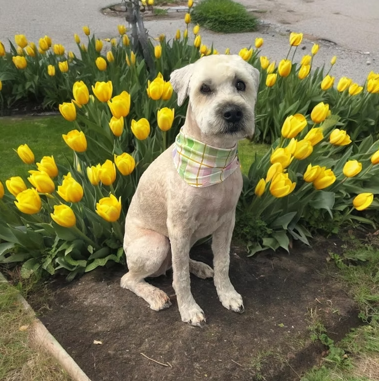 Dog wearing bandana sitting in front of yellow flowers after Dog Grooming at Midtown Groom & Board