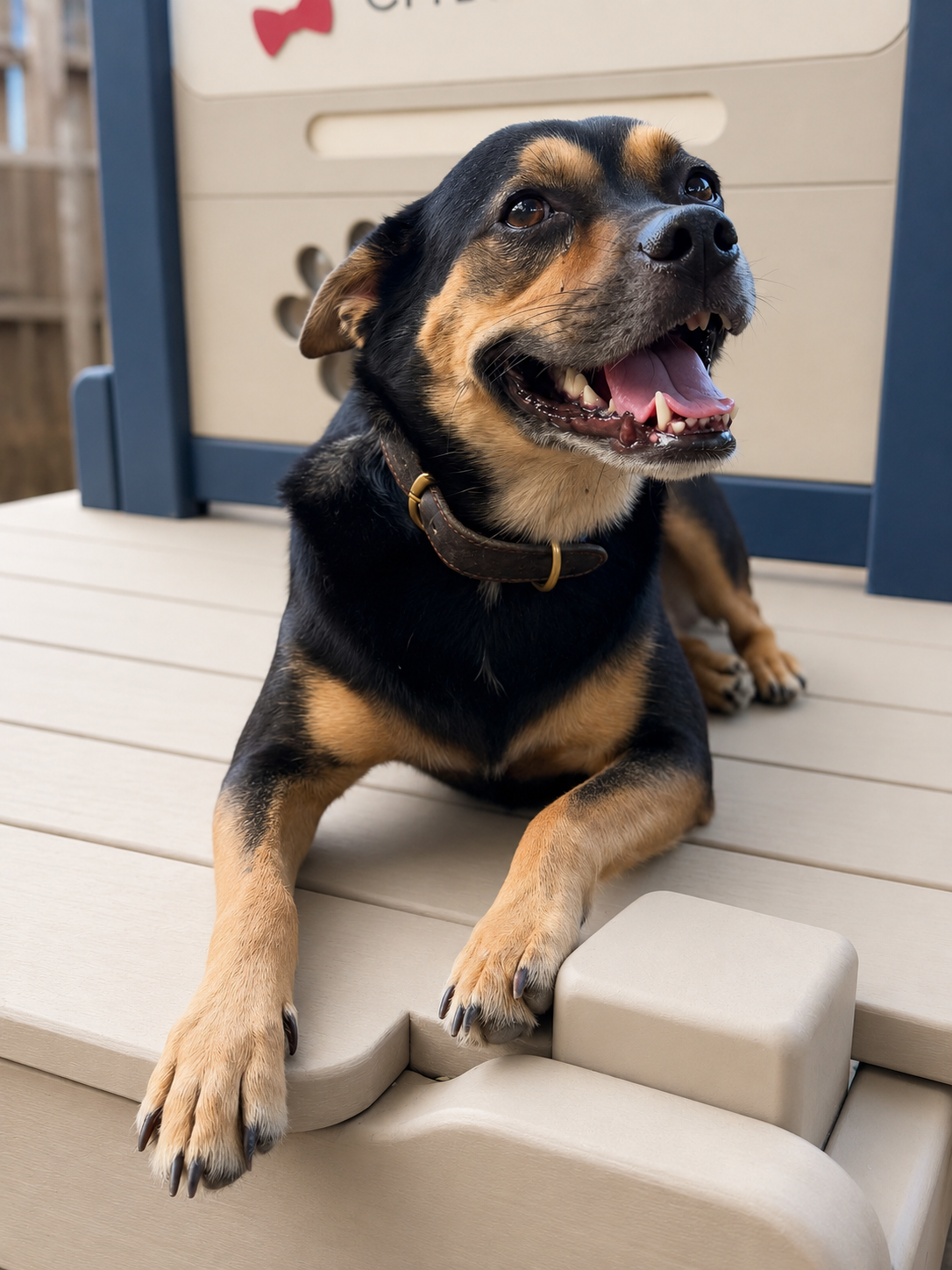 Small brown and black dog smiling on play equipment