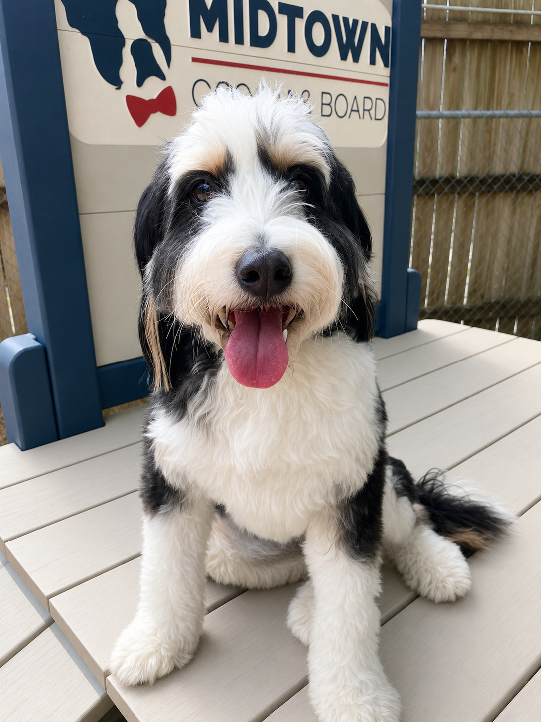 Dog sitting on play equipment, sticking tongue out